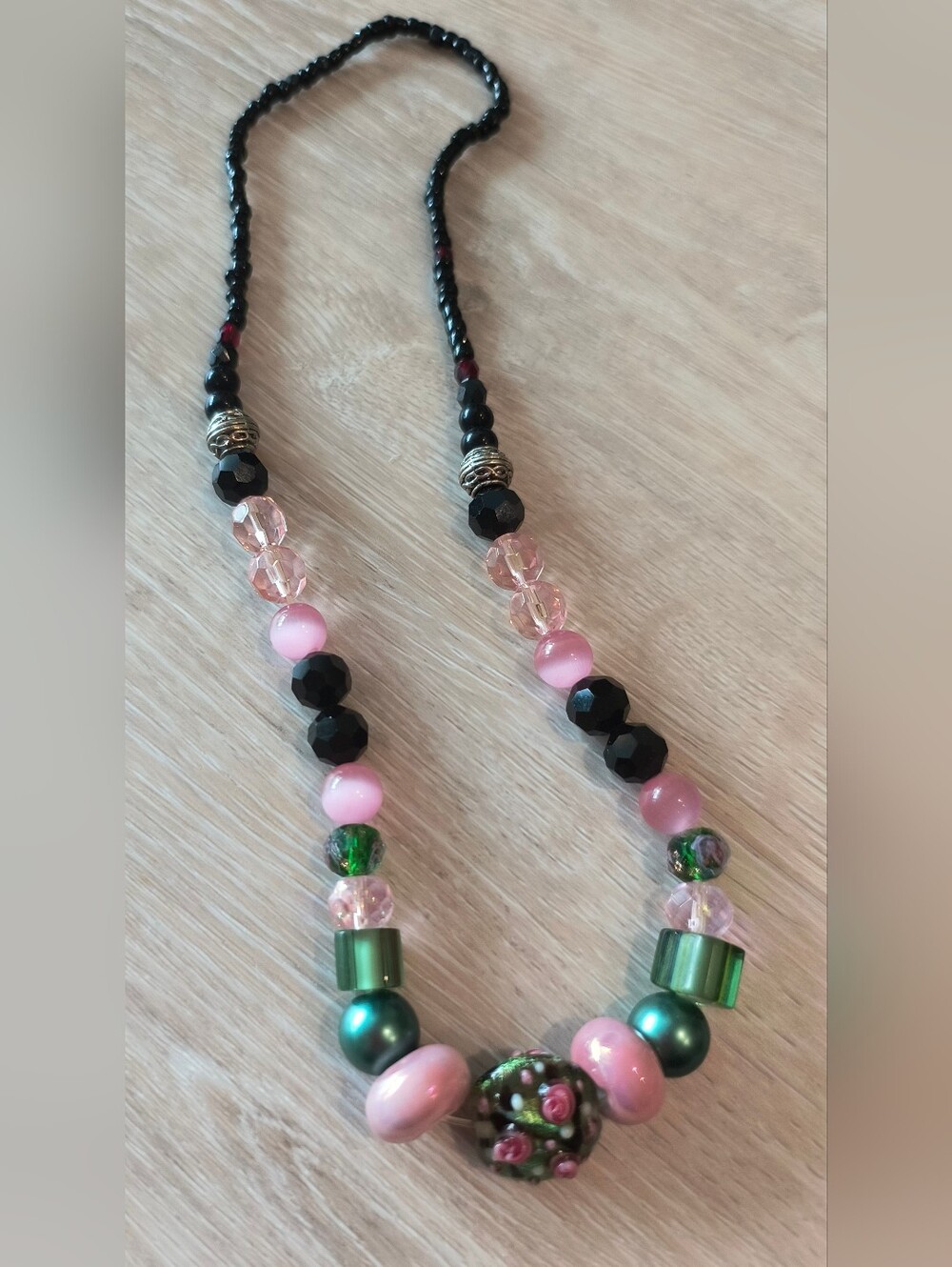 Handcrafted Pink & Green Beaded Women's Necklace